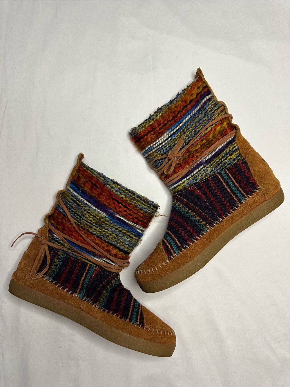 Toms Multicolor Woven Knit & Tan Suede Moccasin Boots